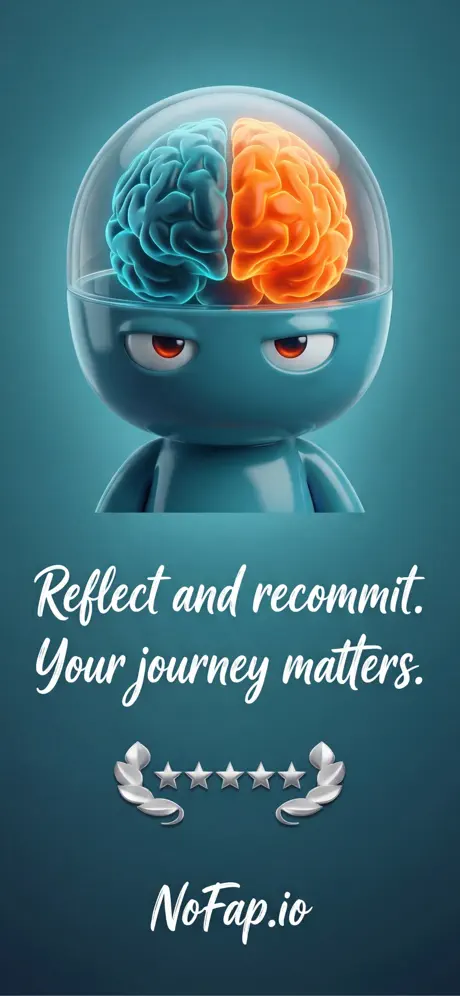 NoFap.io brain rewiring mascot character showing neural recovery progress with the message reflect and recommit your journey matters