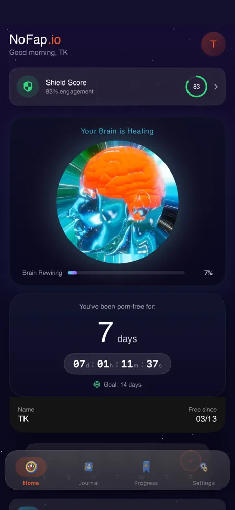 NoFap.io app streak tracker screen showing brain rewiring progress at 7 percent, shield score of 83, and a 7-day nofap streak with live countdown timer